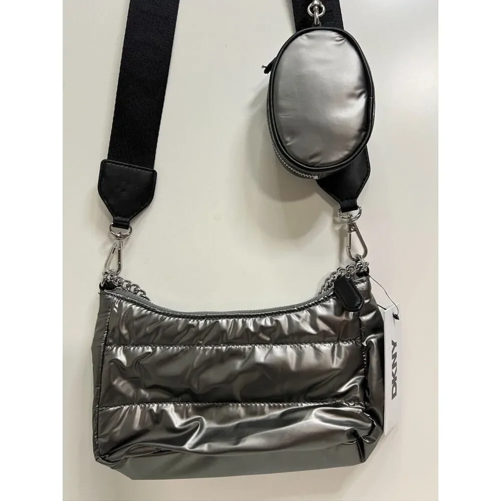 NWT DKNY Metallic Gray Cairo MD Pouchette Quilted Crossbody Bag